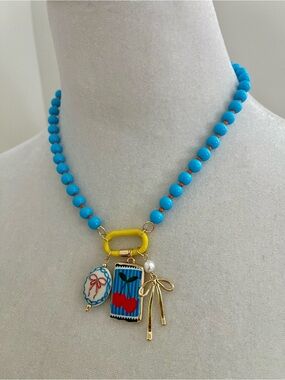 Blue Beaded Charm Necklace with Charms